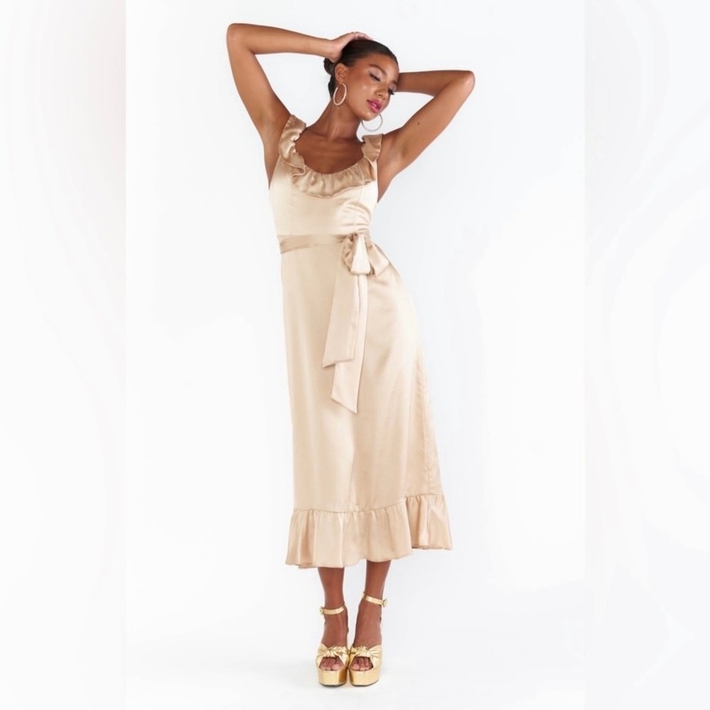 show me your mumu alexis midi dress champagne luxe satin women size medium